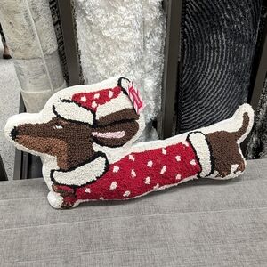 New Christmas Dachshund Dog in Santa Hat & Scarf Hooked Plush Pillow